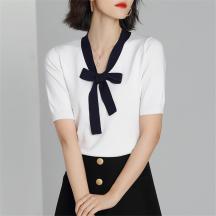 2021夏季新款韓版天絲系結(jié)飄帶修身短袖套頭針織衫女上衣