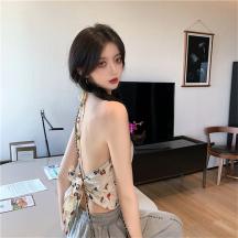 小花朵碎花掛脖絲巾吊帶背心女裝夏季辣妹抹胸蝴蝶結(jié)內(nèi)搭外穿上衣