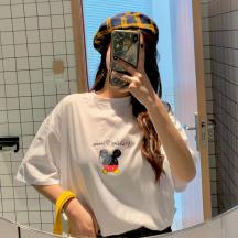 女裝2021新款春季大碼寬松純色情侶短袖t恤精梳棉圓領(lǐng)卡通上衣女