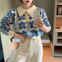 韓版氣質(zhì)顯瘦polo領(lǐng)針織衫毛衣女2020秋冬 新款提花立體花朵短上衣