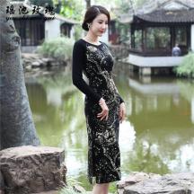 時尚提花加長款羊毛針織旗袍