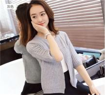 夏季薄款純色短款圓領(lǐng)五分袖針織衫開衫外套