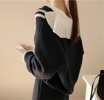 冬美學院落肩深V領休閑針織衫