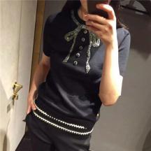 春夏新款G家韓版女套頭大牌重工奢華走秀款水鉆蝴蝶結短袖針織衫