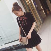 立體串珠刺繡領(lǐng)蝴蝶結(jié)針織衫女套頭短袖T恤上衣