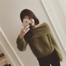 秋冬新款韓版一字大翻領(lǐng)馬海毛針織百搭套頭女毛衣