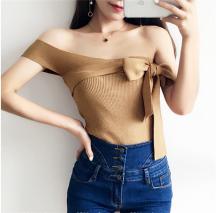 夏季新品純色性感斜肩露肩蝴蝶結修身針織上衣