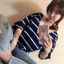 蝴蝶結(jié)V領(lǐng)短袖寬松冰麻條紋薄針織衫女套頭T恤夏
