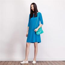 夏季新款寬松女裝橘色七分袖全棉中長(zhǎng)款針織連衣裙