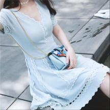 歐美v領(lǐng)針織裙復(fù)古氣質(zhì)女裝夏寬松短袖a型鉤花鏤空中長(zhǎng)款連衣裙