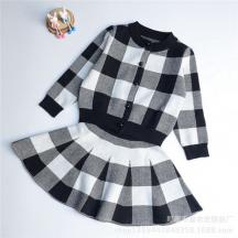 時(shí)尚韓版女童長袖羊絨格子毛衣裙套裝