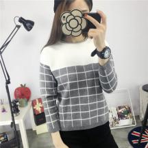 秋裝新款女裝九分袖時(shí)尚格紋短款套頭毛衣
