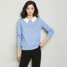冬新款 韓版翻領(lǐng)針織衫修身長袖打底衫 假兩件套頭毛衣女